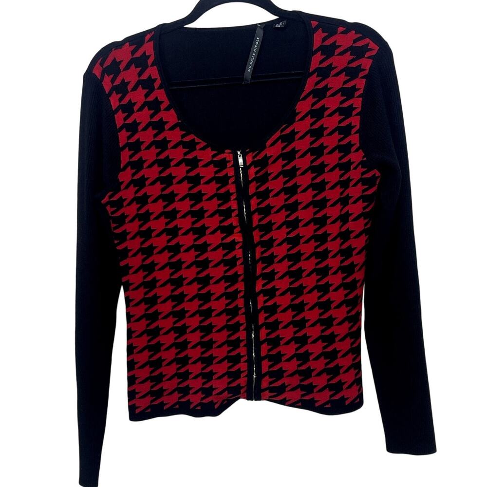 Women's Michelle Nicole Red and Black Houndstooth Zip Up Sweater Medium - Picture 1 of 4